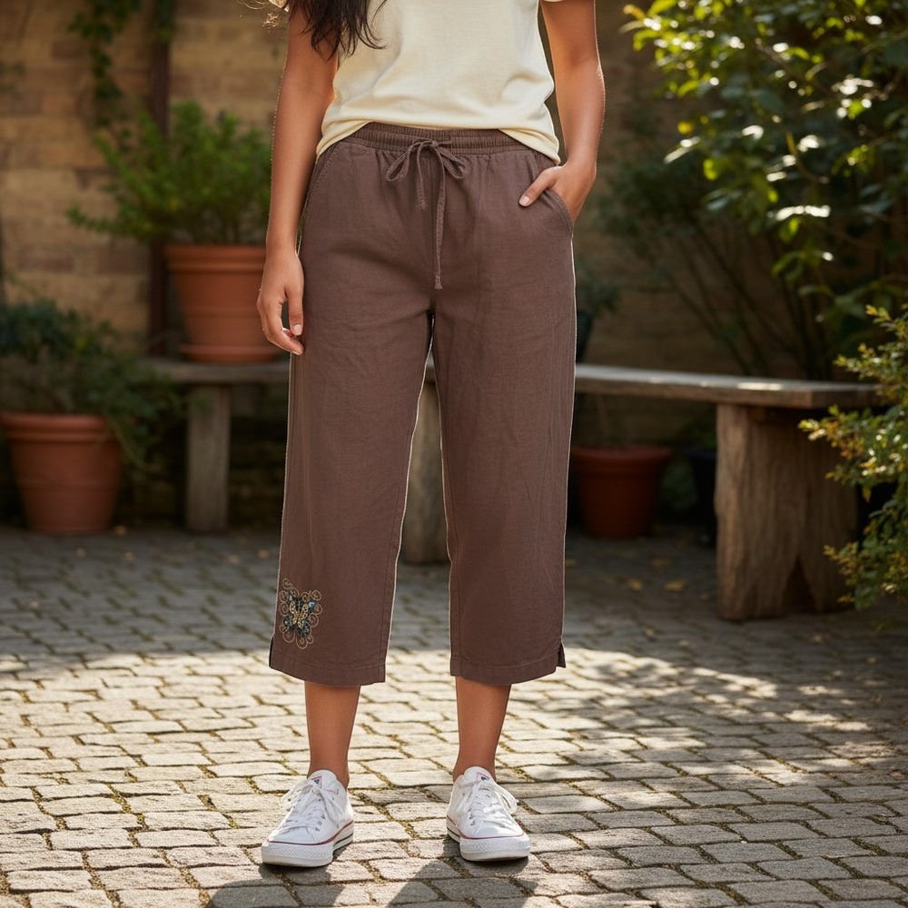 Vintage Jane Ashle Brown butterfly embroidered beaded Y2K capri pants Size S